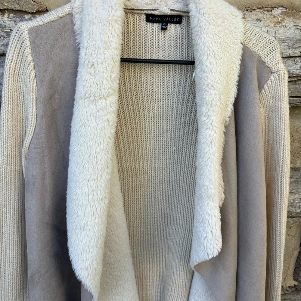 Napa Valley Cream Knit Sweater with Suede and Faux Fleece Open Front Cardigan PL - Picture 8 of 12